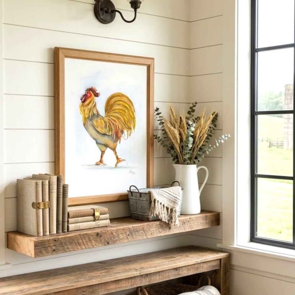 framed watercolor painting farmhouse golden feathered rooster wall art signed